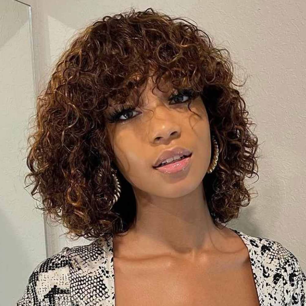 Fashion Idol Short Curly Human-Hair Wigs with Bangs 10Inch Jerry Curl Bob Brazilian Virgin Human Hair None Lace Front Wigs for Black Women Machine Made Black Ombre Brown — image 1