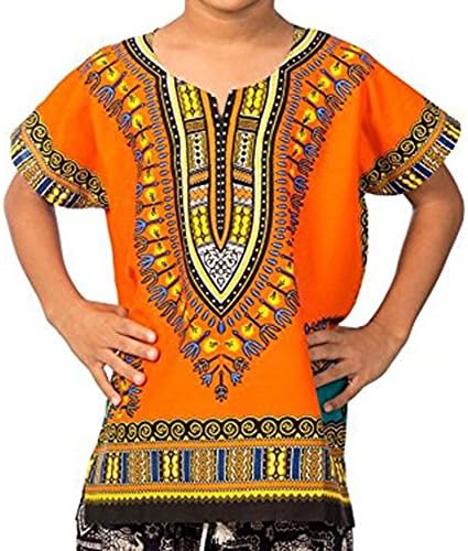 Dashiki Vib's Traditional African Dashiki Kids Shirt - Unisex (One Size, Orange)