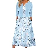 XNC Womens 2 Piece Set Fashion Fresh Plant Print Midi Dress V-Neck Half Sleeve with Jacket A-line Dresses Lounge Outfits