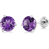 Gem Stone King 18K White Gold Purple Amethyst 3-Prong Martini Stud Earrings For Women Men (2.00 Cttw, Gemstone Birthstone, Round 6MM)