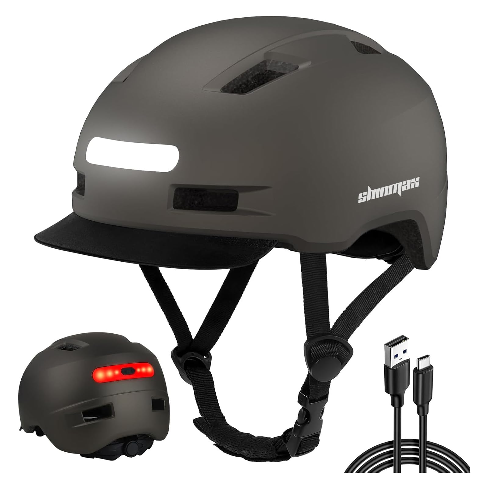 Shinmax Men's and Women's Bike Helmet, 5 Light Modes and Visor, USB Rechargeable, Men's Bike Helmet for Urban Commuters (Titanium, M (55-58 cm)