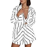 Tankaneo Womens Striped 2 Piece Outfits Button Down Shirts and Shorts Lounge Matching Sets