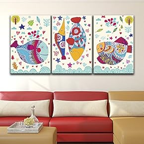3 Panel Canvas Wall Art - Hand Drawn Colorful Fish Pattern - Giclee Print Gallery Wrap Modern Home Art Ready to Hang - 16"x24" x 3 Panels