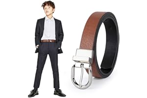 JASGOOD Kids Leather Reversible Belt, Plus Size Boys Casual Belt for Jeans School Uniform with Rotated Buckle