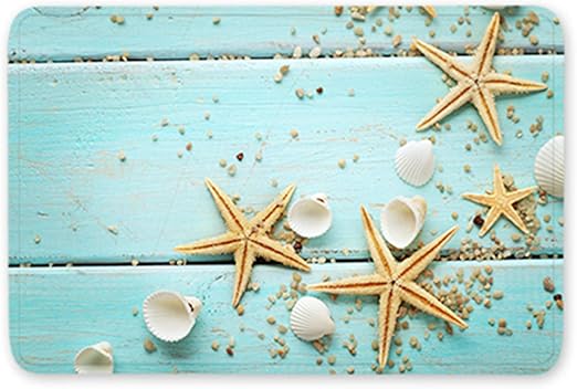 Amazon Com Beach Starfish Bath Mats Seashell Rustic Turquoise Wooden Board Flannel Absorbent Super Soft Non Slip Bath Rug For Bathroom Kitchen Floor Carpet 24l X 16w Inch Kitchen Dining