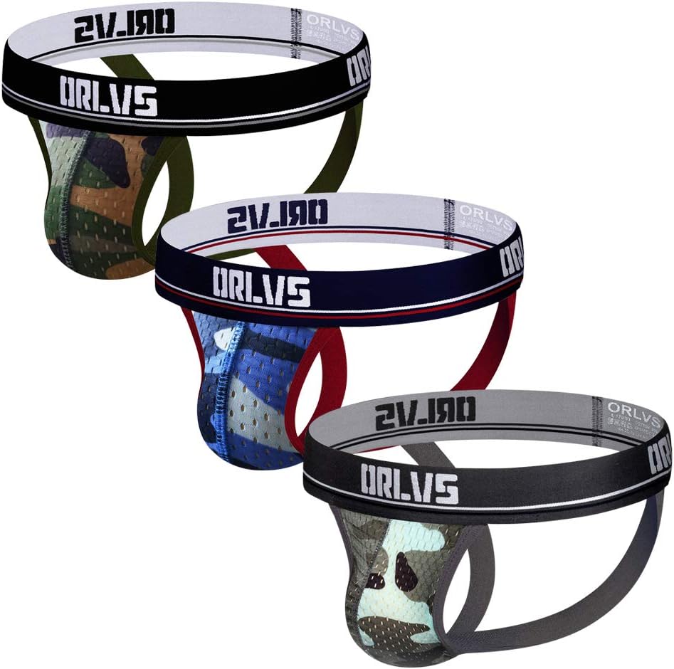 Men's Jockstrap Underwear Athletic Supporters 3-Pack Camouflage Mesh Pouch Jock Strap