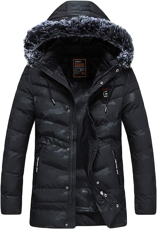 KUDICO Mens Winter Warm Coat Vintage Camouflage Hooded Jacket Mid-Length Plus Velvet Thickened Cotton Overcoat with Zipped Pocket