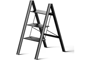 PLEDDANIO 3 Step Ladder, Aluminum Ladder with Wide Anti-Slip Pedal, 330 lbs Capacity Folding Step Stools for Adults, Sturdy&Portable Ladders for Home Kitchen Library Office, Black