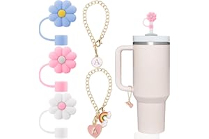 HEELAY Compatible with Stanley Cup Accessories, 3Pcs 10mm Straw Cover for Stanley Cup, 2pcs Cute Letter&Rainbow Handle Charms for Stanley Cup 30oz/40oz (Letter A)