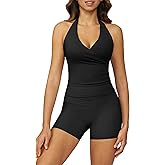 ABOCIW Workout Sets for Women 2 Piece Wrap Halter Tank Top High Waist Biker Shorts Yoga Pilates Outfits