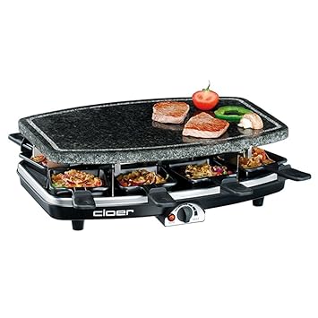 Cloer 6430 Raclette-Grill mit Naturstein, (1200 Watt, 8 Pfännchen antihaftbeschichtet mit wärmeisolierten Griffen)