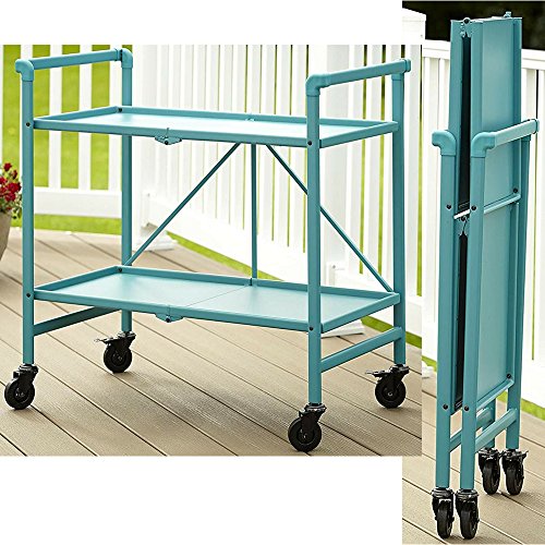 Folding Serving Cart with Wheels Blue Metal Tiered Indoor