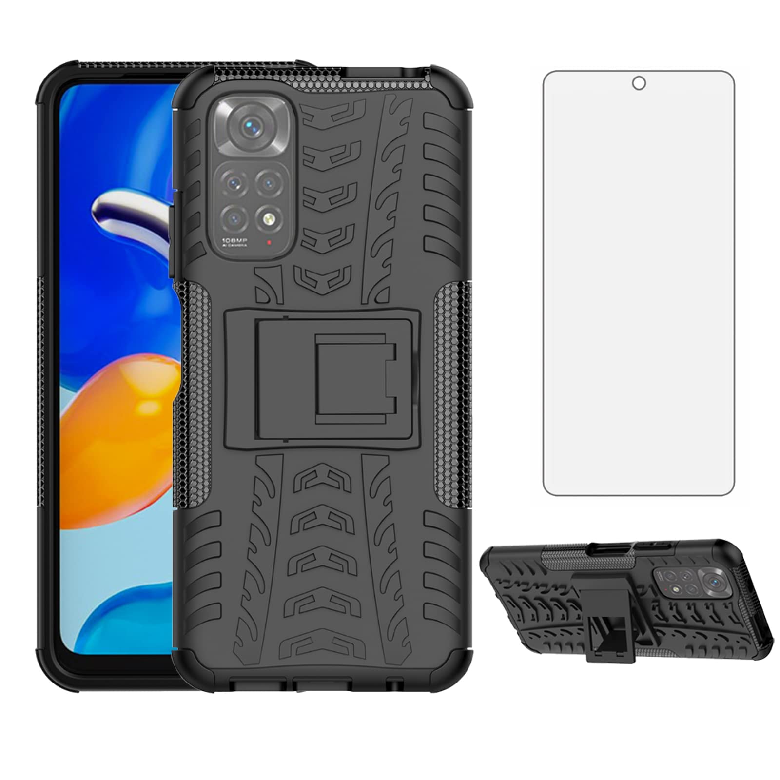 Asuwish Compatible with Xiaomi Redmi Note 11 Phone Case and Tempered Glass Screen Protector with Stand Kickstand Cell Accessories Hybrid Protective Redmi Note11 Women Men Girly Black