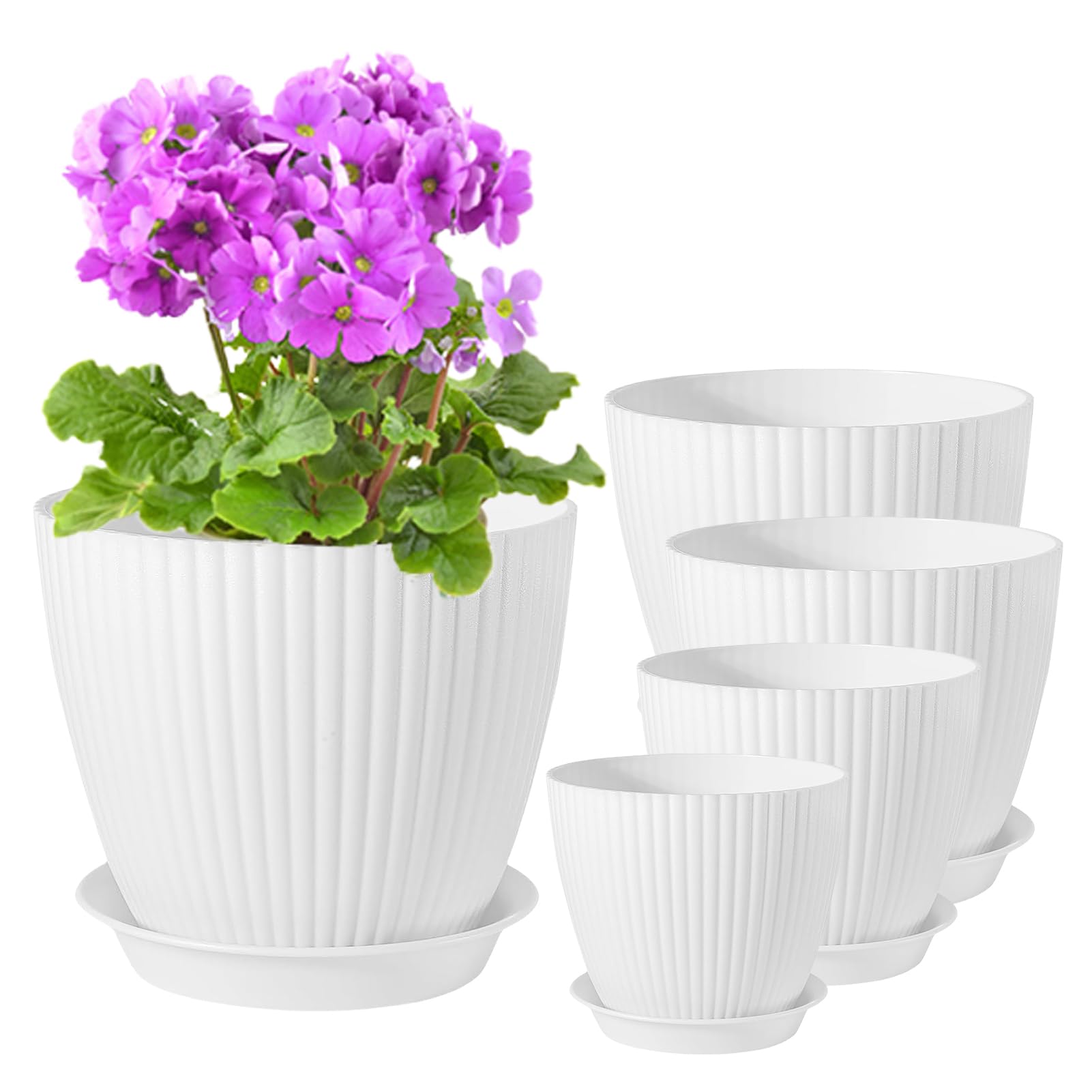 PROFIKLA 18/15/14/13/11.5cm Plastic Plant Pots, Pack of 5 Flower Pots, Plant Pots with Drainage Holes and Saucers, Modern Decorative Planters, White