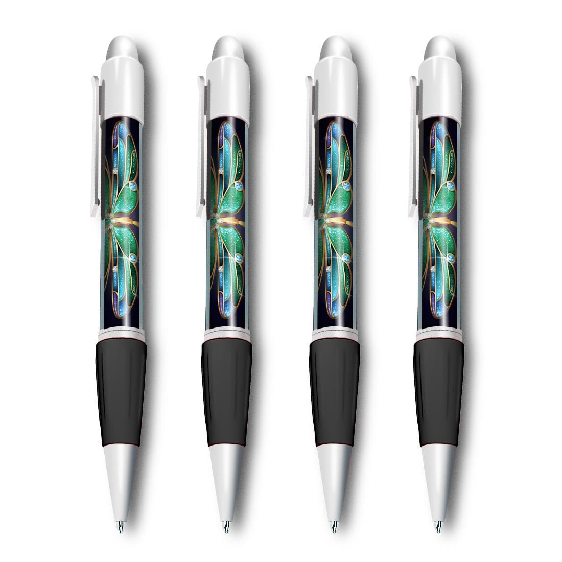 Set of 4 White Ballpoint Pens (Photo Insert) - Pretty Dragonfly Fly Travel Insect Bug - Soft Feel Finger Grip #58487