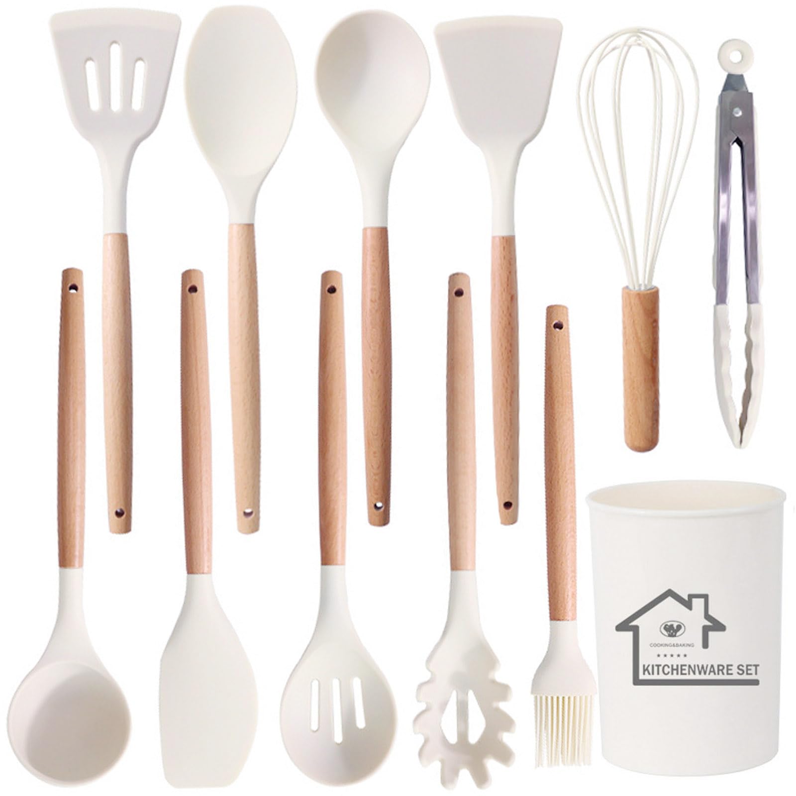 Kitchen Utensils Set, 12Pcs Silicone Cooking Utensils Set, Kitchen Tools Turner Spatula for Nonstick Heat Resistant Cookware, White