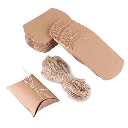 100pcs Mini Brown Vintage Kraft Pillow Shaped Gift Boxes Decorated