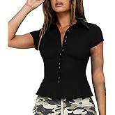 Womens Button Down Shirts Short Cap Sleeve V Neck Collared Plaid Waisted Blouses Summer Casual Tops