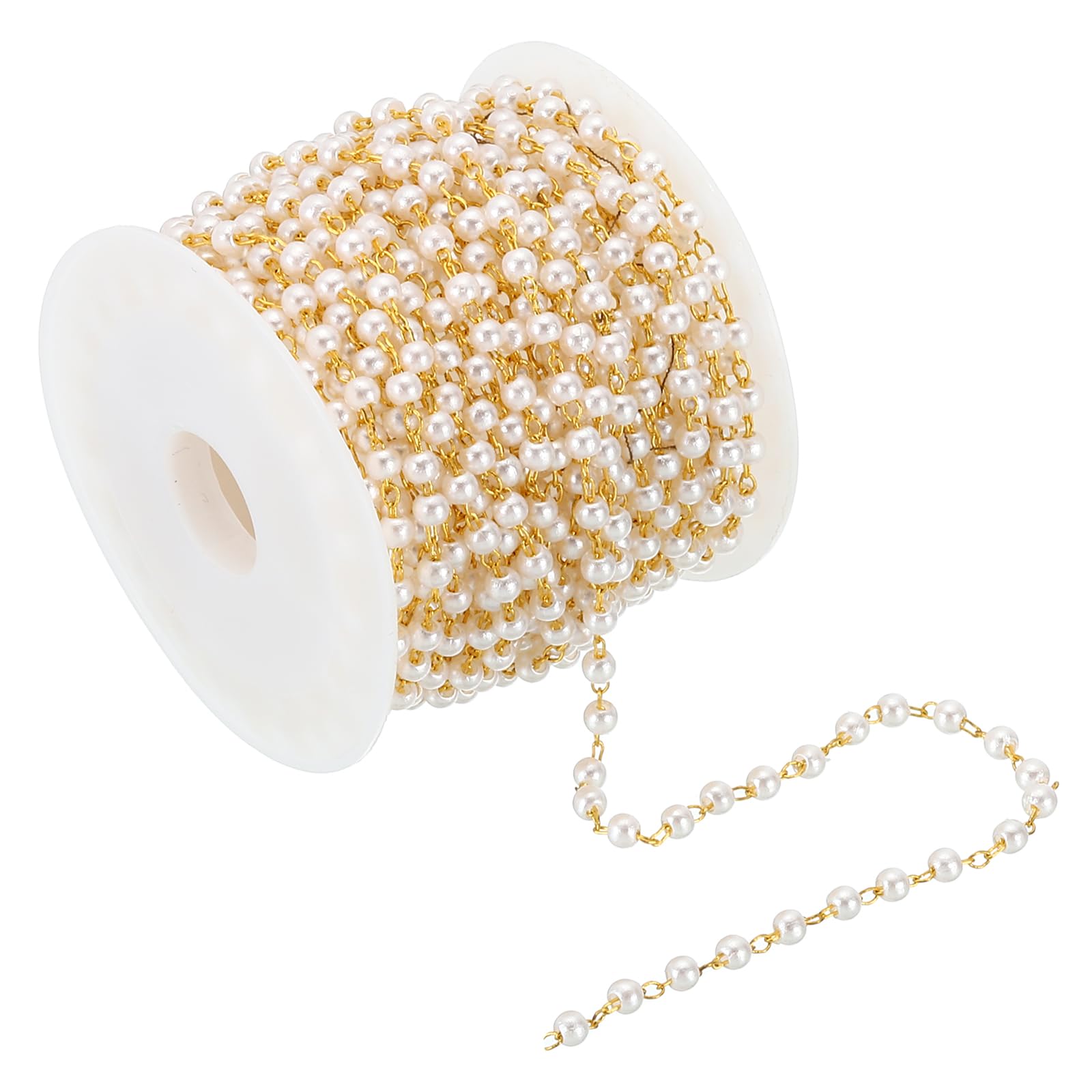 PATIKIL 5m/16 Feet Faux Pearl Beading Chain with Spool, 3mm Brass Chain Link for Decoration Making DIY Accessories Style 1, Dark Gold