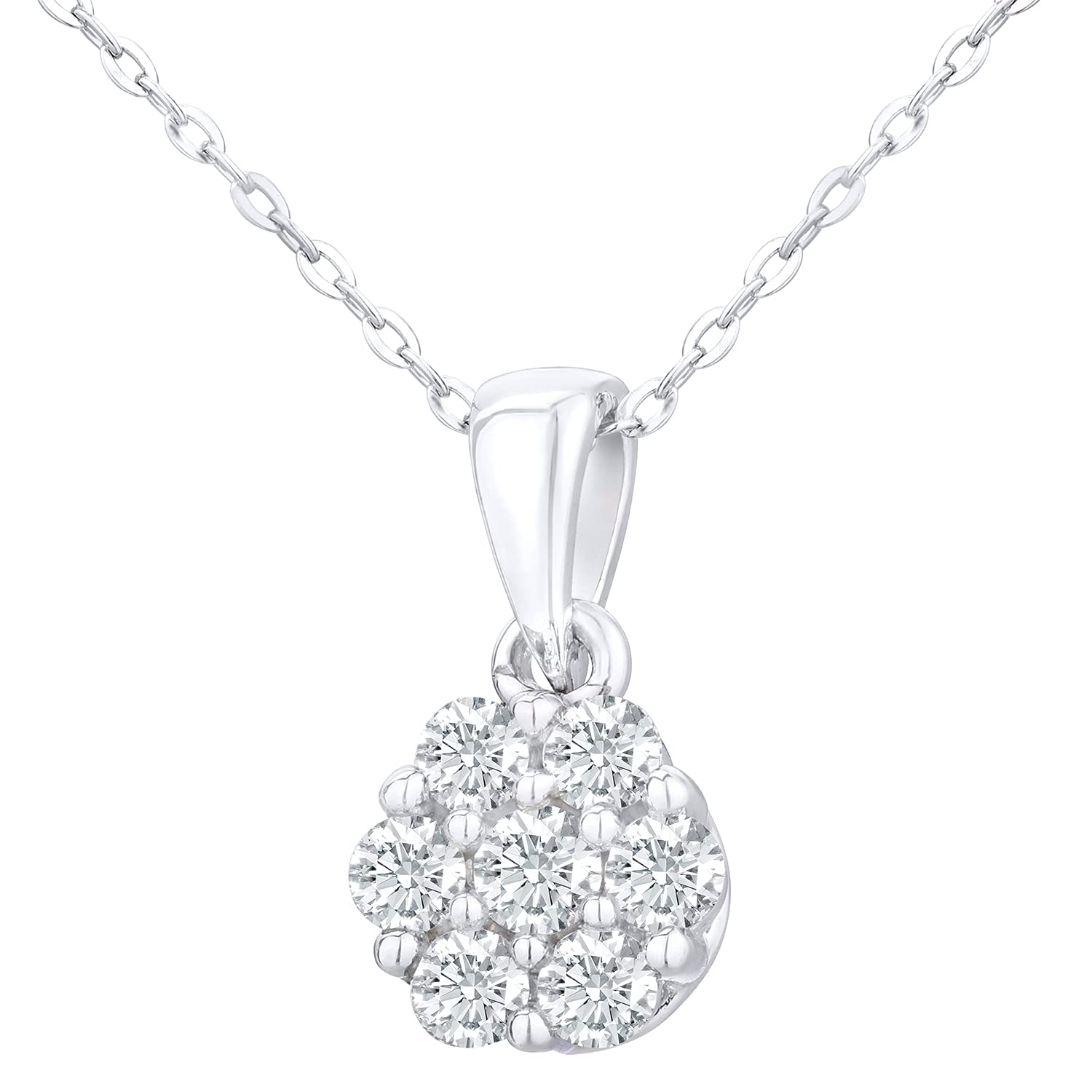 Elegano 9ct White Gold Necklace – 0.2ct Diamond Flower Cluster Pendant Women’s Necklace