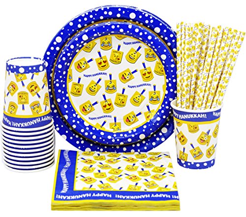 Hanukkah Paper Goods Set - Emoji Dreidel Design - Chanukah Plates - Chanukah Cups - Hanukkah Napkins - Hanukkah Straws