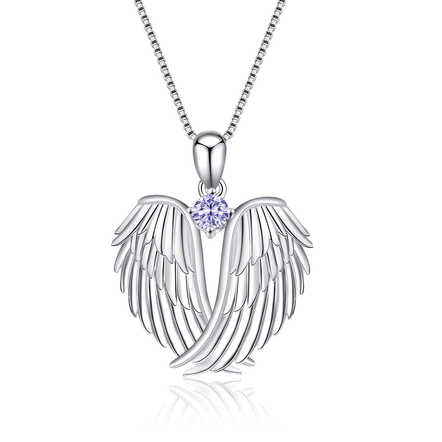 VONALA Guardian Angel Wings Necklace Sterling Silver Pendant with Sparkle Cubic Zirconia Jewellery For Women Girls Birthday Gift Birhstone June
