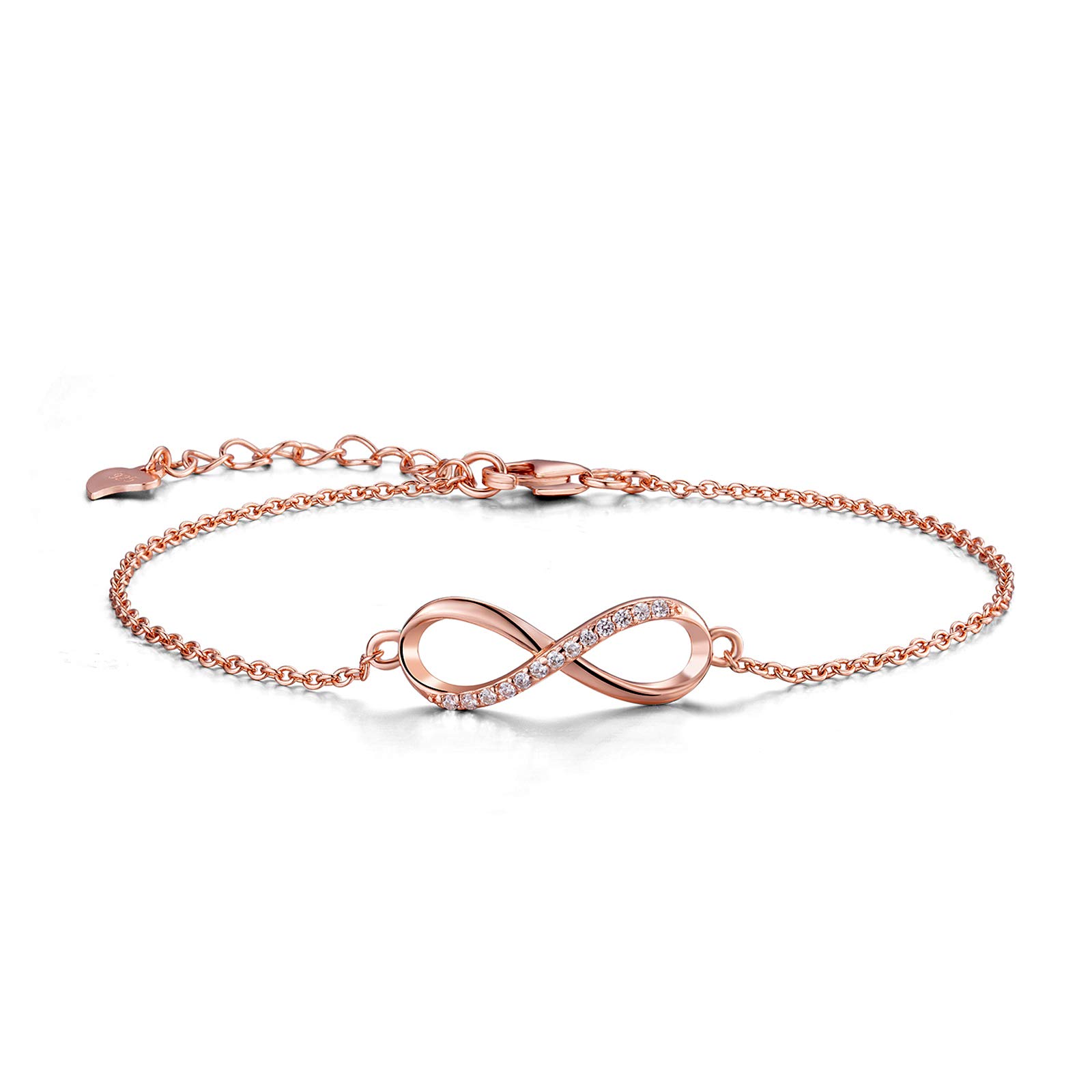 CERSLIMO Rose Gold Bracelet, Sterling Silver 925 & Rose Gold Plated Infinity Bracelet Love Charm Friendship Zirconia Jewellery for Womens Girls Girlfriend Sister Friend Birthday Gift