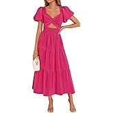 ZESICA Womens Summer Casual Flowy Vacation Maxi Dress 2026 Short Puff Sleeve A Line Smocked Cutout Beach Party Dresses