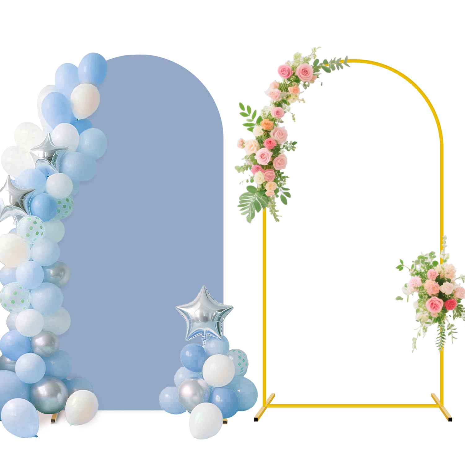 Photo 1 of 7.2FT Arch Backdrop Stand and Dusty Blue Arch Cover Set Metal Arch Stand Backdrop with Wedding Arch Stand Covers Balloon Arched Frame with Cover for Baby Shower Birthday Party Ceremony Grad Decor