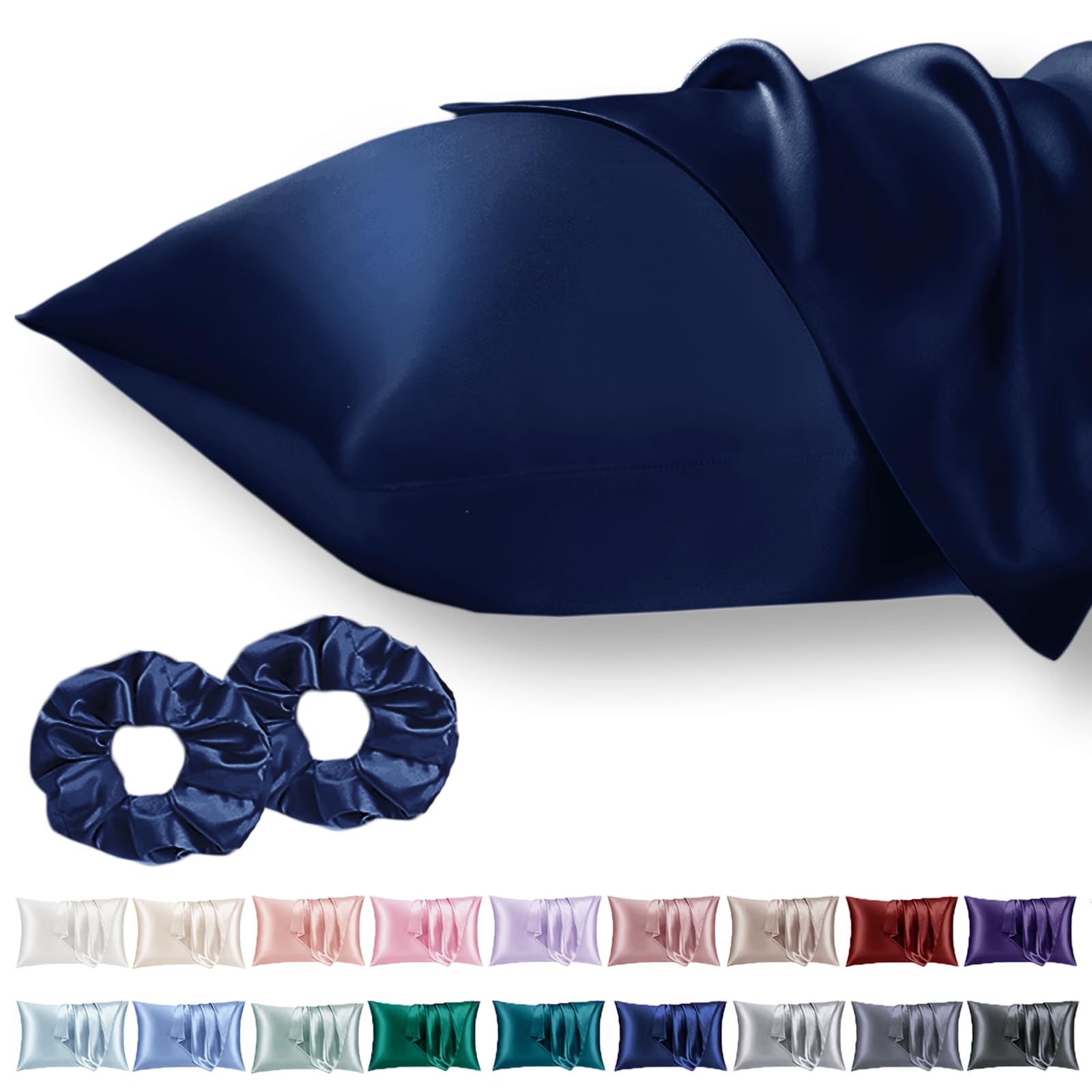 Vielit 2 Pack Satin Pillowcase for Hair and Skin Cooling,Soft as Silk Pillowcase for Hair and Skin,Easier Care than Silk Pillow Case Navy 50x75cm Gifts for Women Envelope & 2 Scrunchies