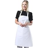 TOSHE Kitchen Apron Waterdrop Resistant Cotton Apron with adjustable Aprons for Women with Pockets 10 Color option Cooking White Apron(White)