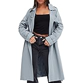 Fisoew Women's Double Breasted Trench Coats Causal Windproof Long Lapel Pocketed Overcoat with Belt