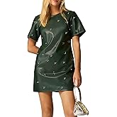LifeShe Rhinestone Faux Leather Dress for Women Casual Short Sleeve Crew Neck Elegant A-line Mini PU Dresses