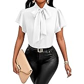 Vrtige Women's Bow Tie Mock Neck Blouse Short Sleeve Elegant Office Shirt Top