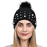 Topwon Women Winter Beanie Hat with Pom Knit Skull Cable Cap Fashion Pearls Beanies Cap Warm Hats