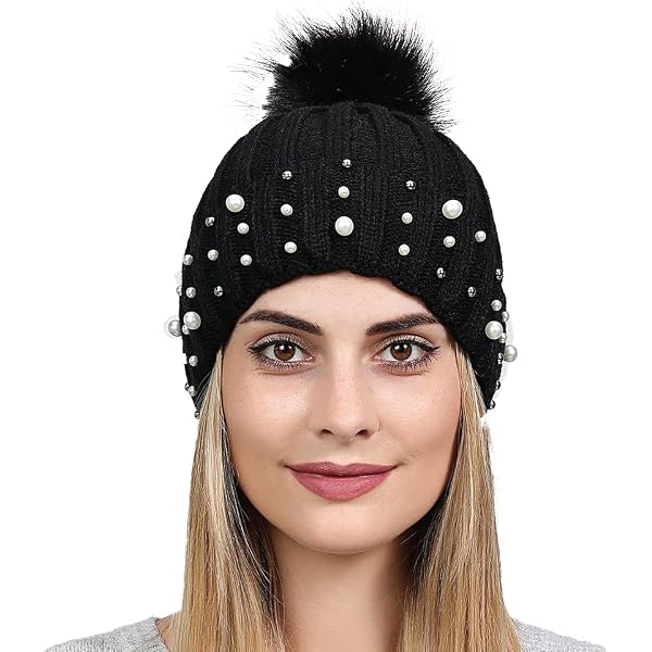 Black winter hat with faux pearls AICHUAN Womens Slouchy Beanie Hat with Fur Ball Pompom  main image 3