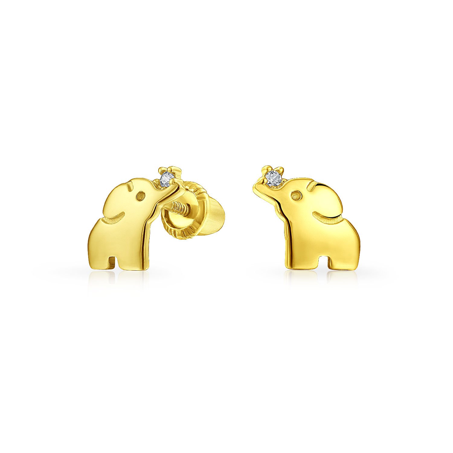 Tiny Minimalist CZ Accent Zoo Animal Lucky Elephant Real Yellow Gold Stud Earrings For Women Teen Screwback