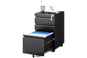 MIIIKO File Cabinet 3 Drawers on Wheels Under Desk, Black Metal Rolling File Cabinets with Lock for Home Office, Un-Assembled Filing Cabinet with Lock