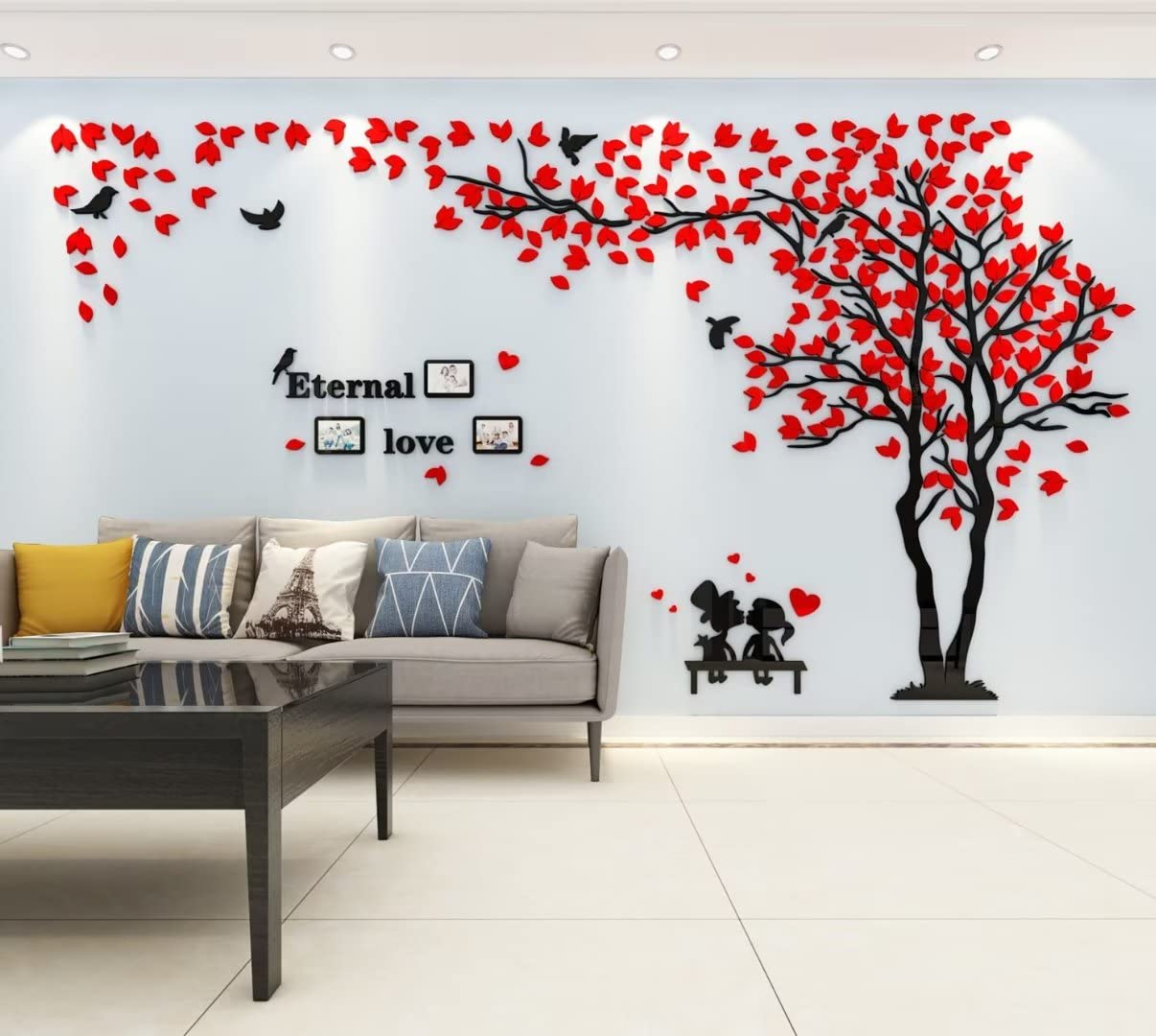 3D Tree Wall Stickers DIY Tree Bird Wall Decal Large Family Photo Frames Art Murals Tree Sticker for Living Room Bedroom Restaurant Home Decor(Red Right,M:130 * 250cm)