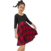 QPANCY Girls Buffalo Check Dress 3/4 Sleeve Christmas Dress Kids Casual Dresses