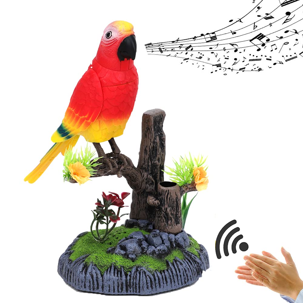 Moonlove Cute Electric Pet Sound Control Chirping Dancing Parrot Office Home Desktop Tabletop Decoration Ornament Induction Simulated Voice Activated Moving Singing Bird Christmas Birthday Gift (Red)
