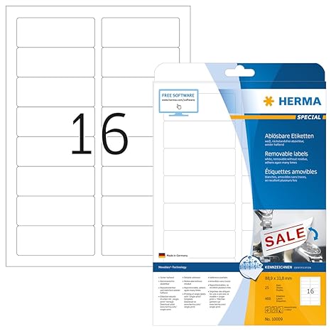 Herma 10009 Universal Etiketten ablösbar, wieder haftend (88,9 x 33,8 mm) weiß, 400 Klebeetiketten, 25 Blatt DIN A4 Papier ma
