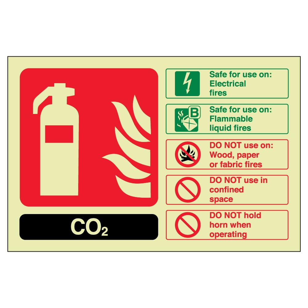 V Safety Glow In The Dark Carbon Dioxide Co2 Id Fire Extinguisher Sign - 150mm x 100mm - Self Adhesive Vinyl