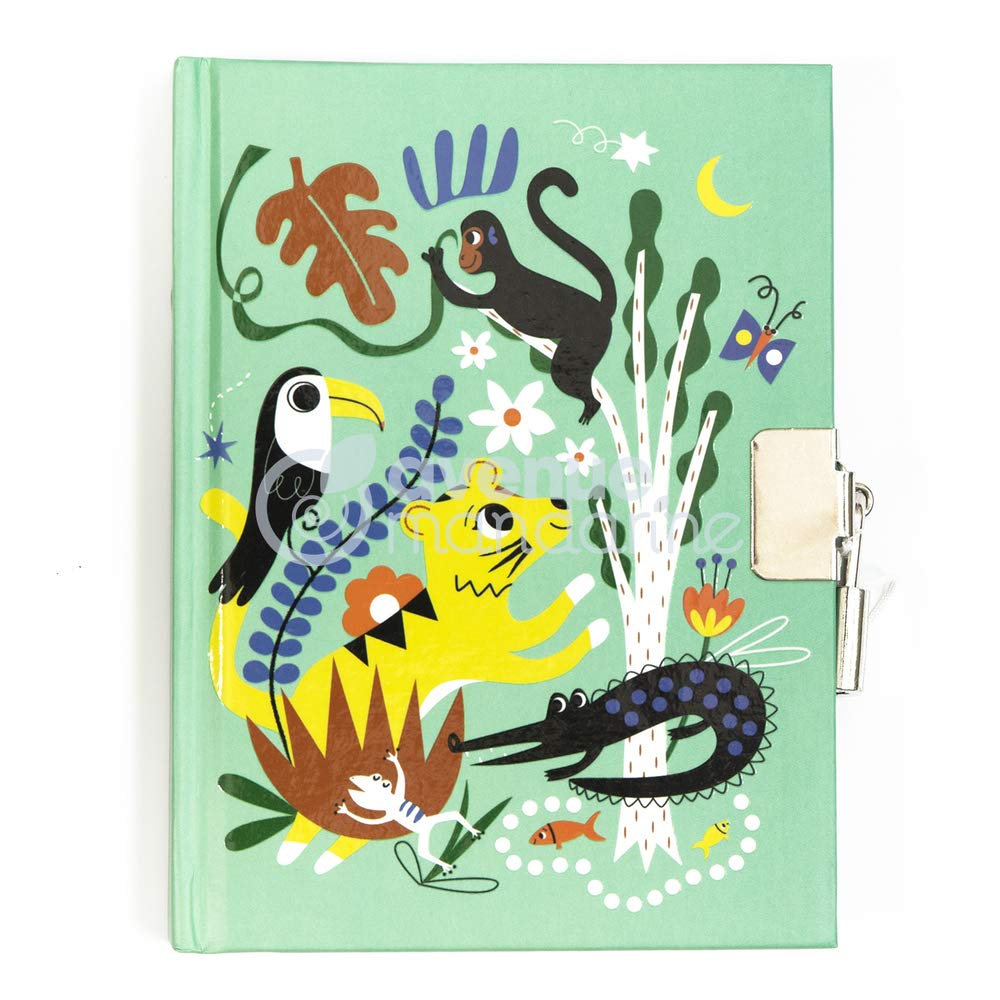 Avenue Mandarine - Ref CO204C - Private Diary with Padlock Closure - Jungle Design - 240 Ruled Pages, 110 x 140mm, Supplied with 2 Keys, Suitable for Ages 6+