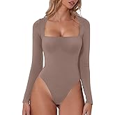QINSEN Women's Sexy Square Neck Bodysuit Long Sleeve Double Lined Shirt Tops