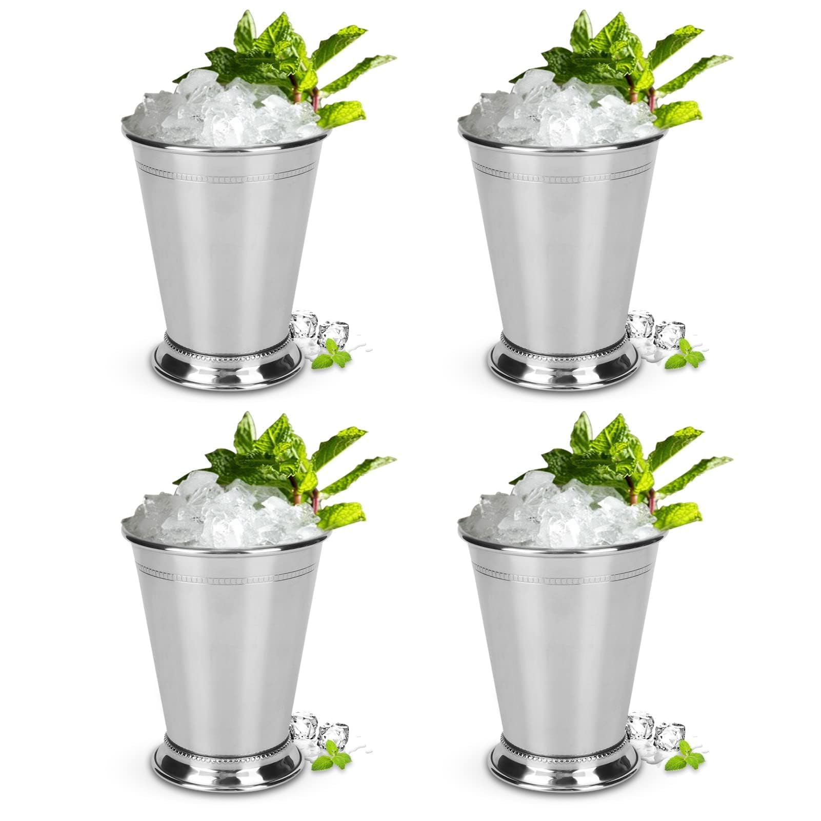 Agatige 4Pcs Mint Julep Cups, 400ml/12oz Stainless Steel Reusable Beer Tumbler Drinking Cups Shatterproof Metal Cocktail Cups Drinking Silver Julep Glasses for Party Beer Juice Beverage
