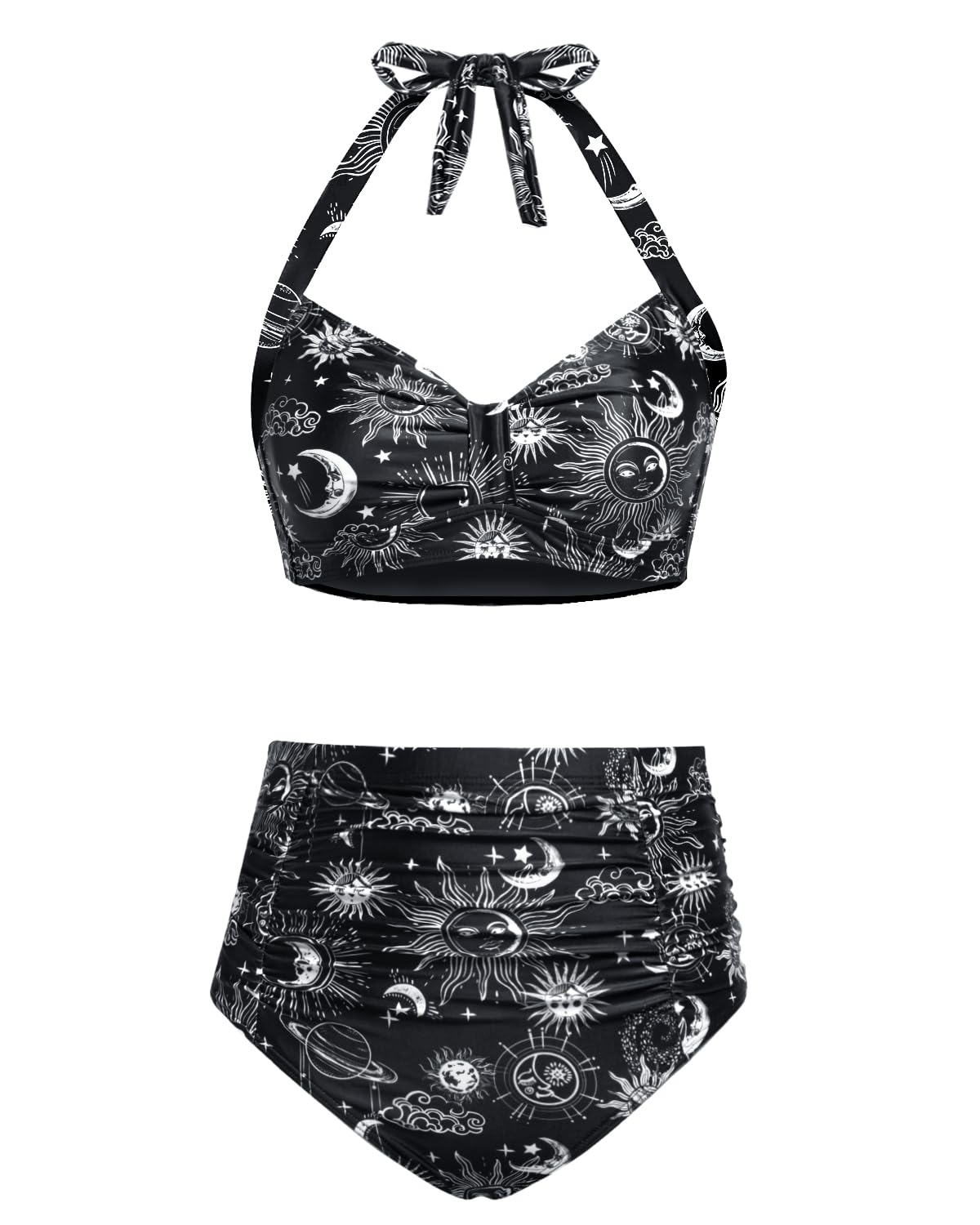 Photo 1 of Holipick Black Sun Moon Women High Waisted Bikini Set Two Piece Swimsuit Tummy Control Bathing Suit Vintage Halter Swimwear L