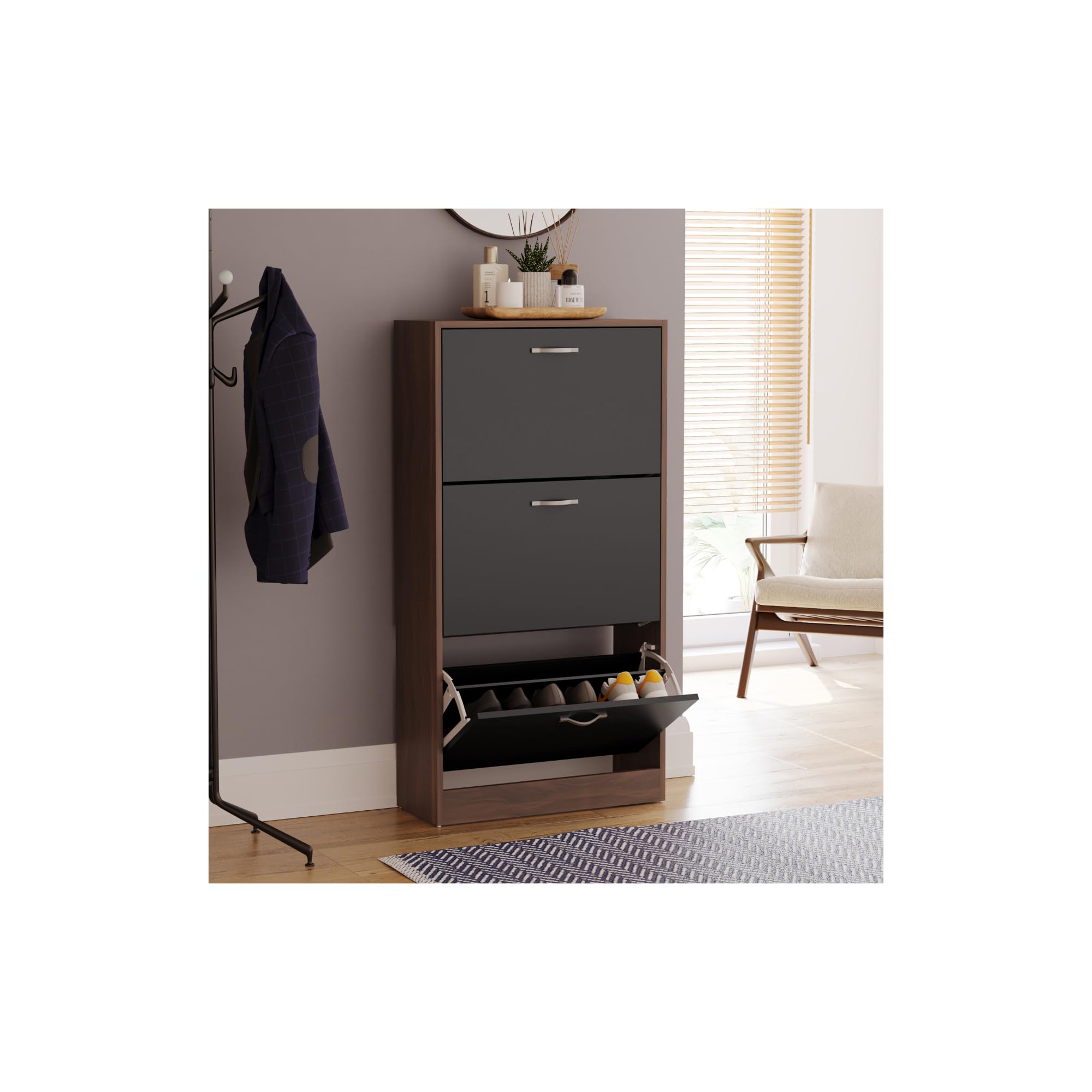 Vida Designs Shoe Cabinet, Wooden Shoe Storage Unit with 3 Pull-Down Drawers, Multifunctional Dust-Proof Space-Saving Slim Cupboard for Hallway or Entryway (Walnut & Black)