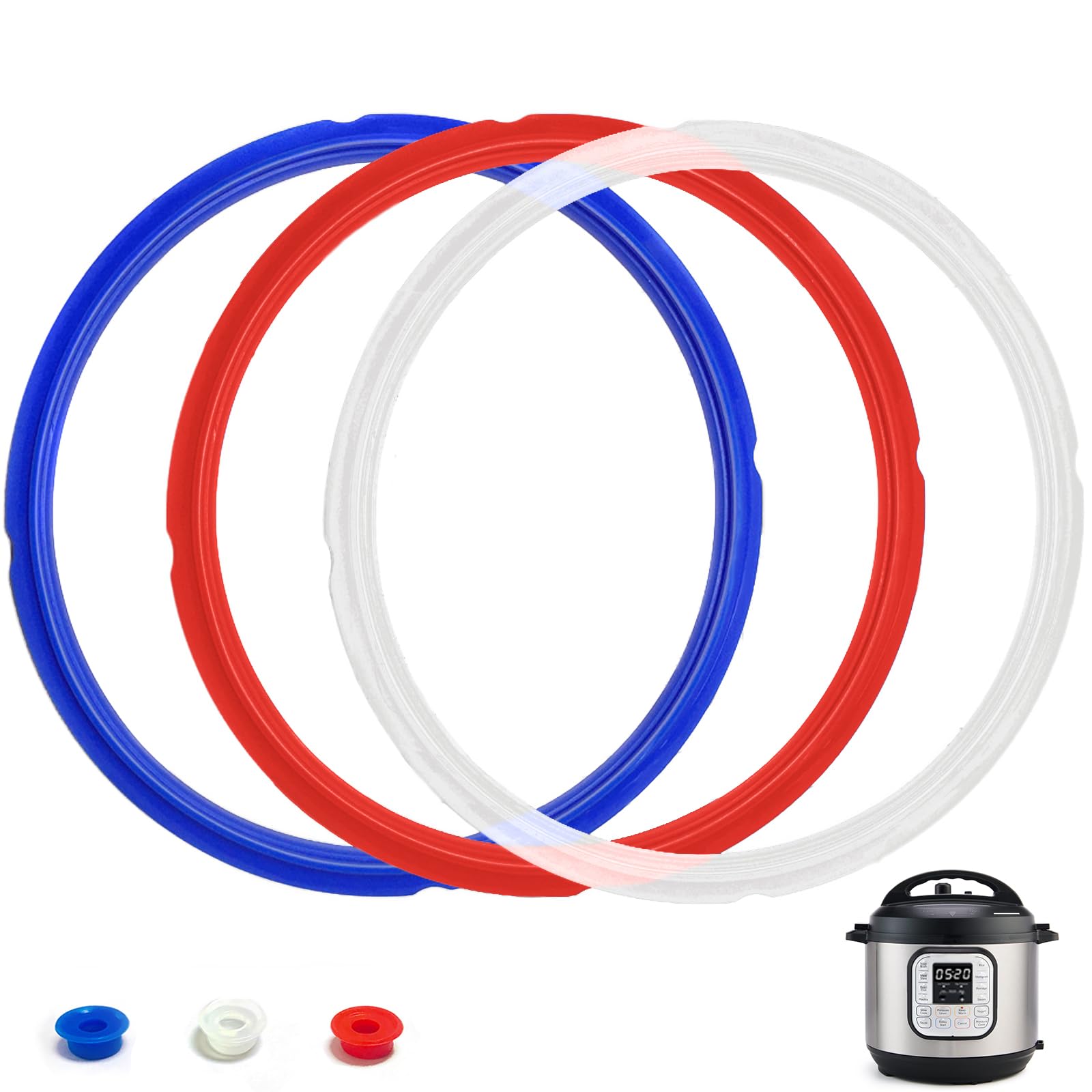 Photo 1 of 3 Pack Sealing Ring 8 Qt for Instant Pot Sealing Rings for 8Qt Insta Pot, With 3 Float Valve Caps, Food grade Silicone Instantpot 8Qt Sealing Ring, for Instant Pot 8 Qt, Red, Clear and Blue