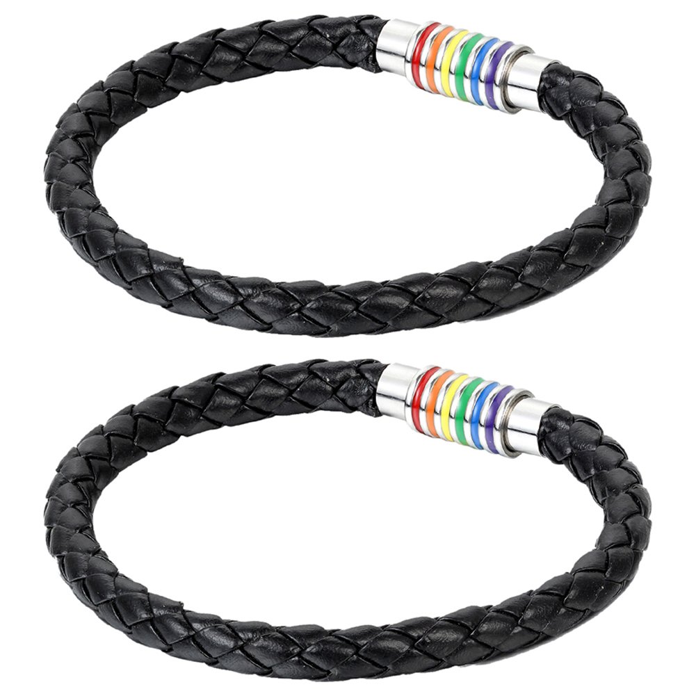 Cupiamtch 2PCS Stainless Steel Rainbow Magnetic Clap Braided Leather Bangle Couple Bracelet for Men Women, 8.7"